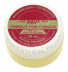 A 1/6oz container of  PAV salve, labeled as a natural antibiotic, anti-fungal, and anti-bacterial salve for assisting in healing skin problems.
