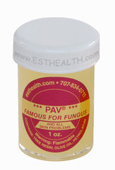 A 1oz container of  PAV salve, labeled as a natural antibiotic, anti-fungal, and anti-bacterial salve for assisting in healing skin problems.
