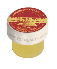 A 1/2oz container of Super PAV salve, labeled as a natural antibiotic, anti-fungal, and anti-bacterial salve for assisting in healing skin problems.